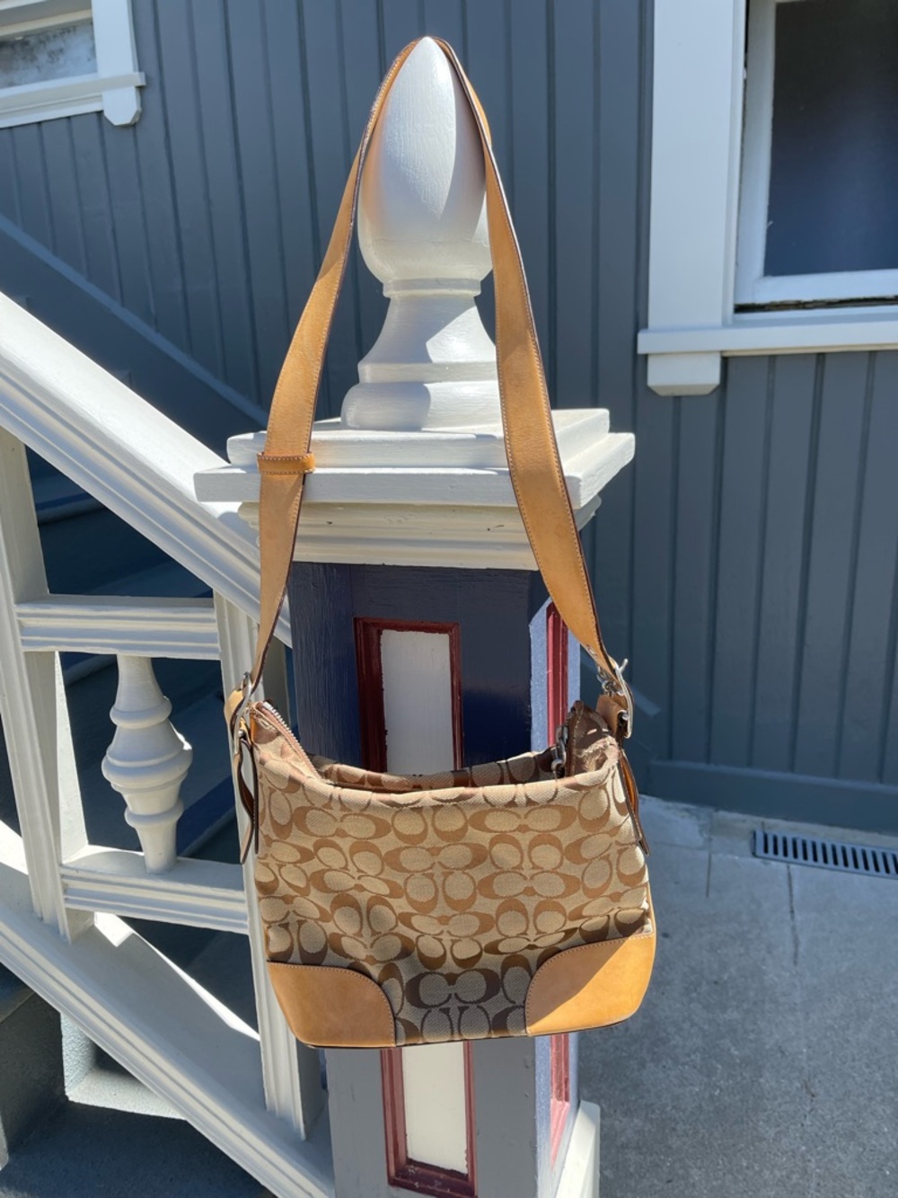 Coach Tan Signature Canvas Shoulder Bag with Leather Trim